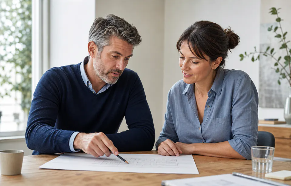 Twee professionals bespreken aandachtig samen een plan op tafel